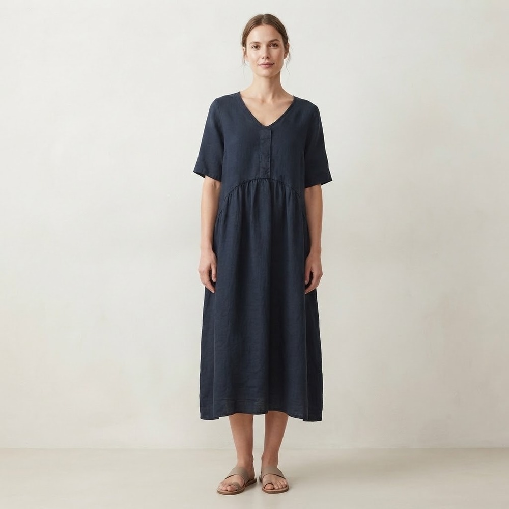 Luca Vanucci Italy Navy Blue 100% Linen V-Neck Midi Dress Size M Lagenlook Coast